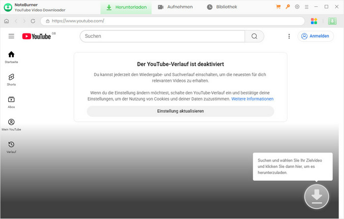 Hauptoberfläche von NoteBurner YouTube Video Downloader