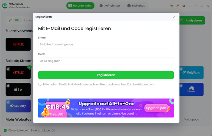 NoteBurner Video Downloader registrieren