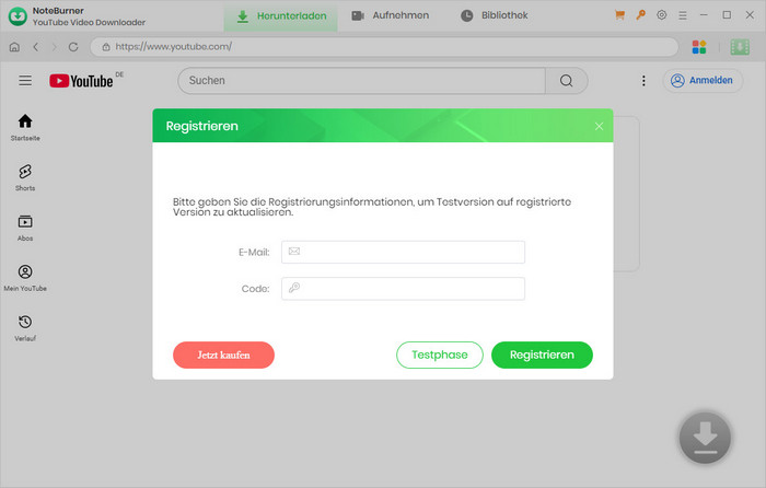 NoteBurner YouTube Video Downloader registrieren